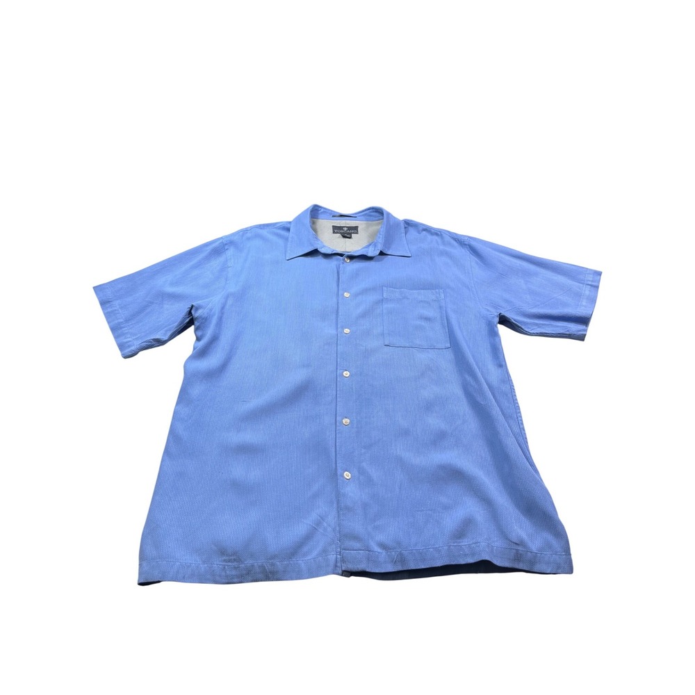 Toscano Men's XL 100%‎ Silk Button Front Shirt Blue Textured Short Sleeve Resort